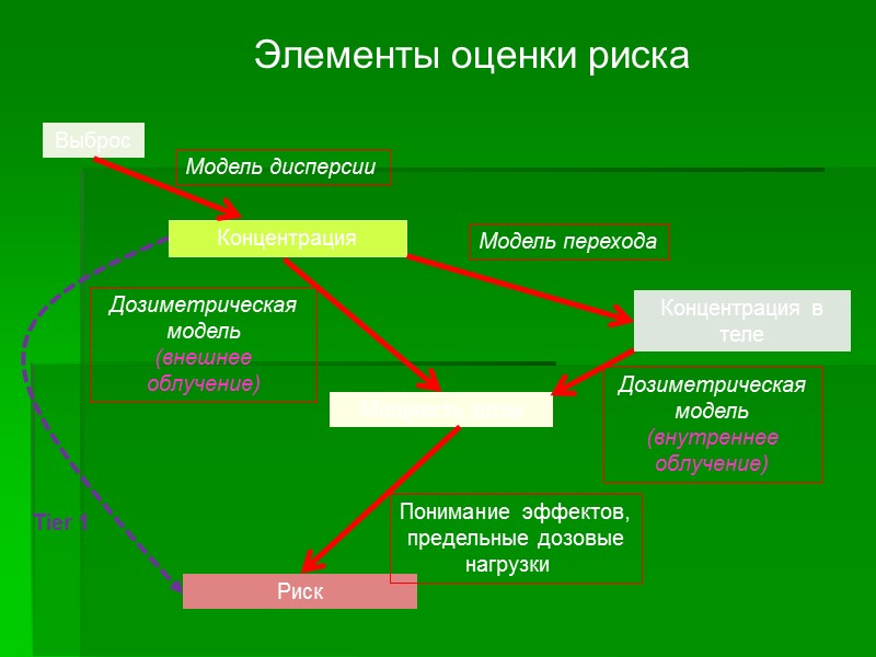 Элементы оценки риска Tier 1 Концентрация Выброс Мощность дозы Риск Модель дисперсии Модель перехода Элементы оценки риска Tier 1 Концентрация Выброс Мощность дозы Риск Модель дисперсии Модель перехода